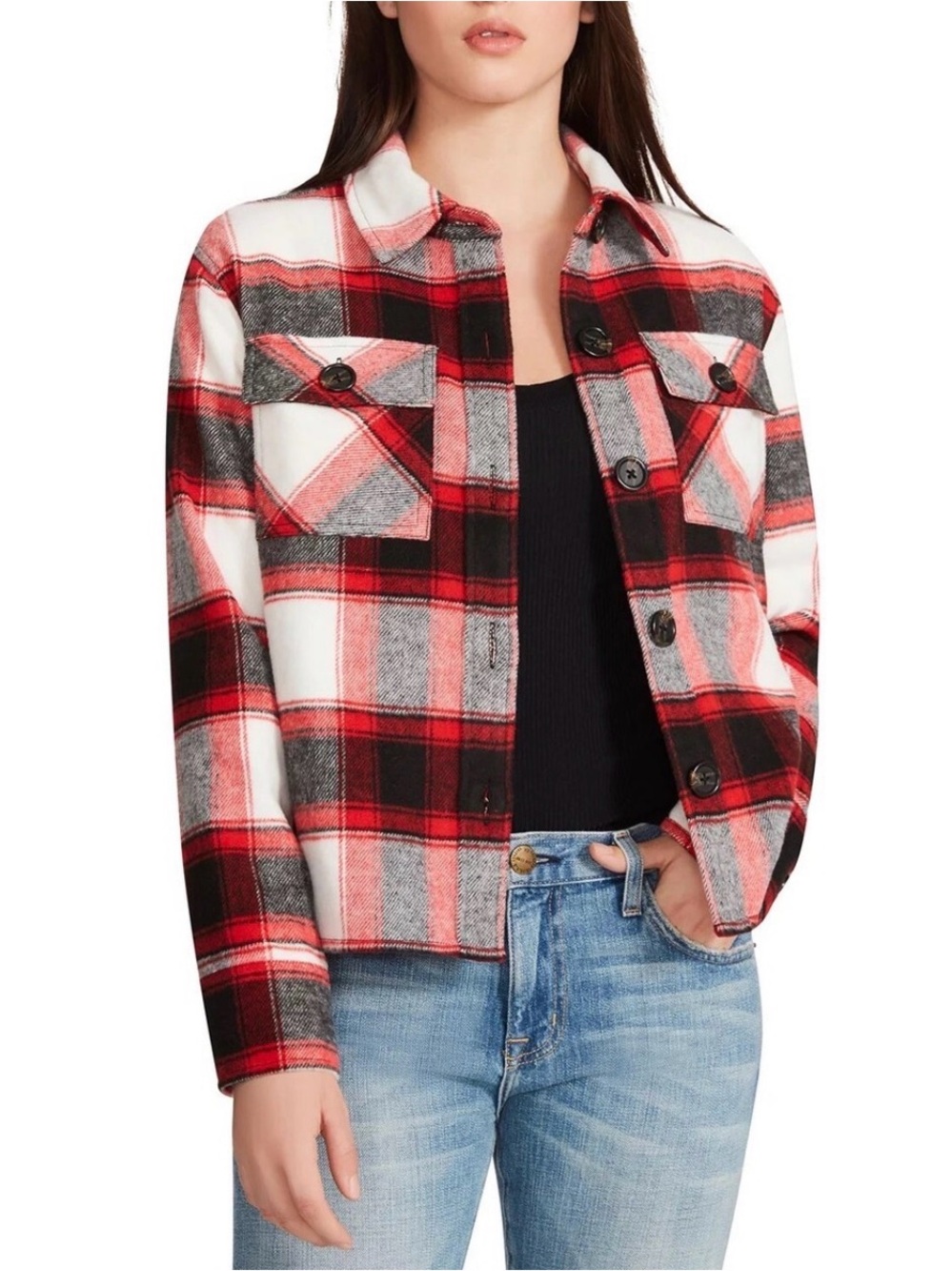 NWT Plaid Button-Front Shacket Jacket in Red and White XS